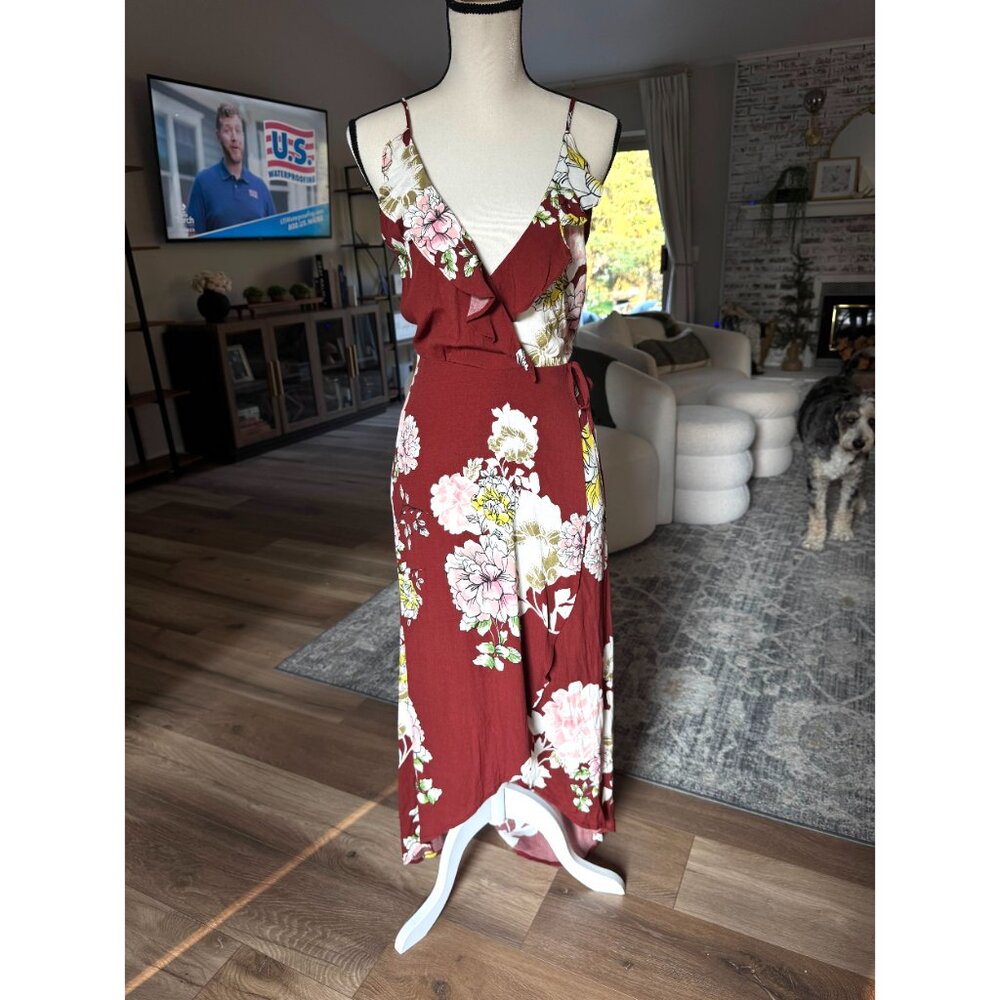 ASTR the Label Lucia Dress Rust Multi Floral Maxi Ruffle High Low Midi Hem